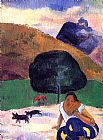 Tahitian Canvas Paintings - Landscape with Black Pigs and a Crouching Tahitian
